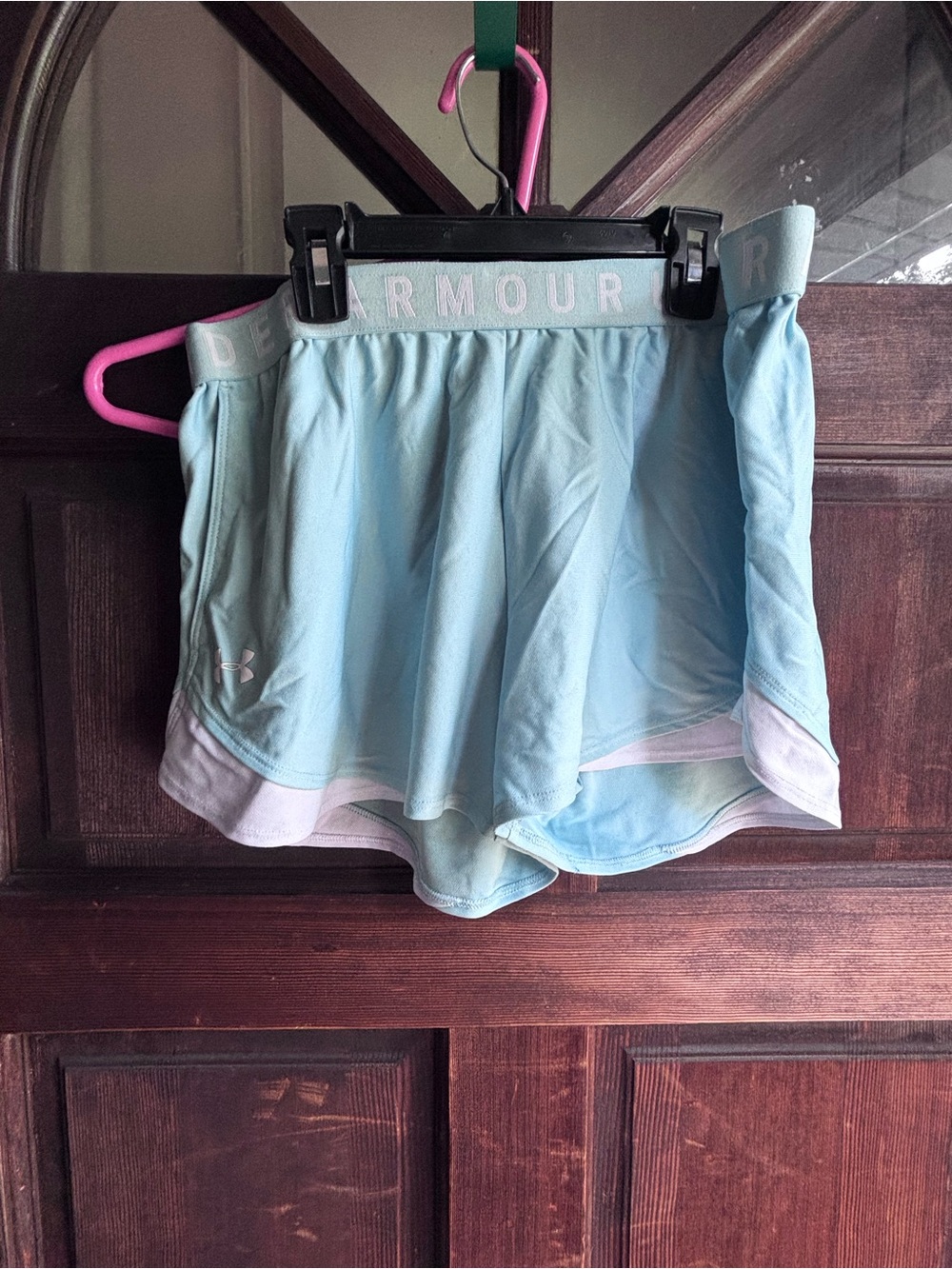 Under Armour Women’s Pastel Blue Athletic Running Shorts with Built-In Liner